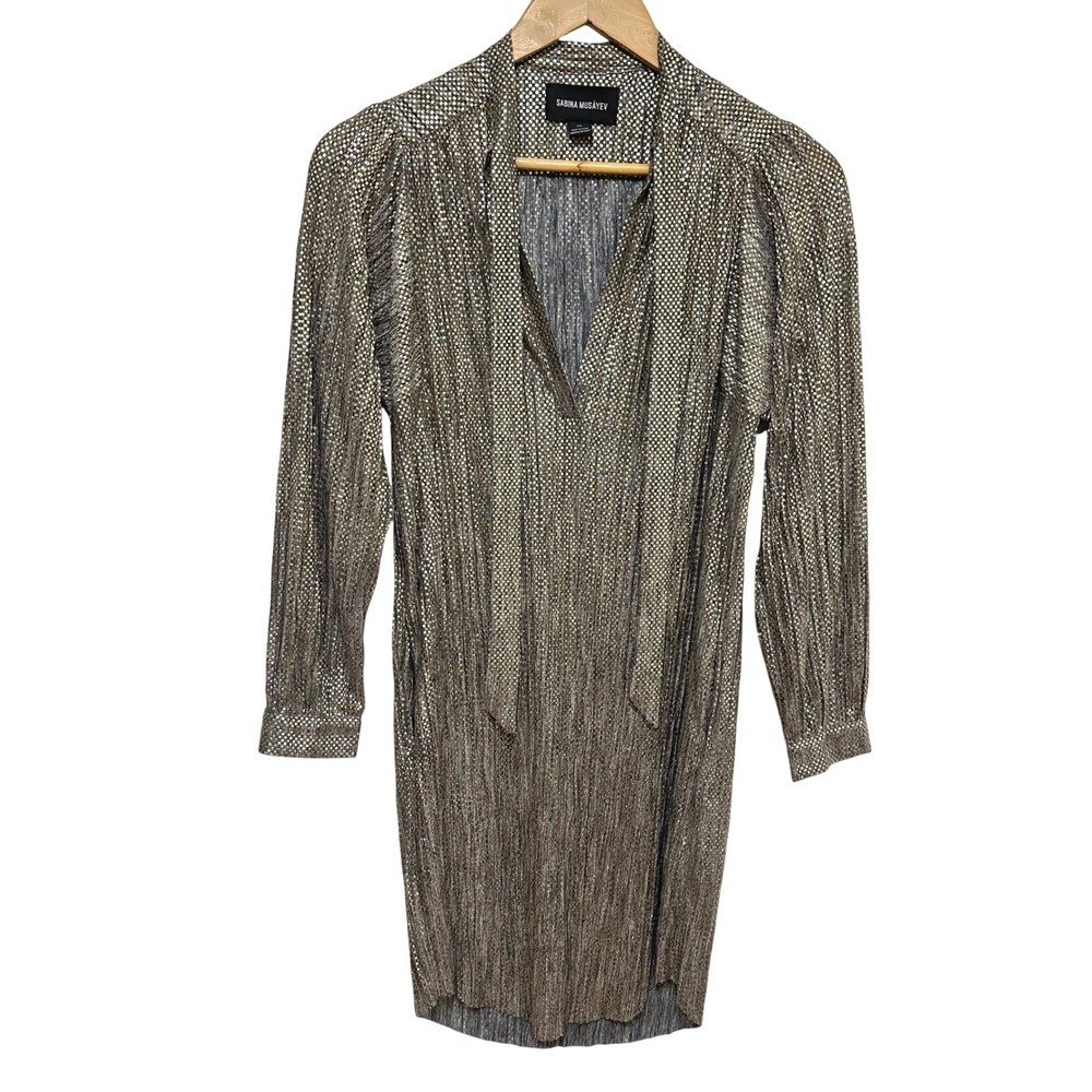 Anthropologie Sabina Musayev Metallic Dress Women XS Gold Tie Neck Mini Party